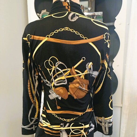 J. McLaughlin Blouse Sz S Wrap-Style Black/Gold Equestrian Chain & Harness Print - Picture 2 of 6